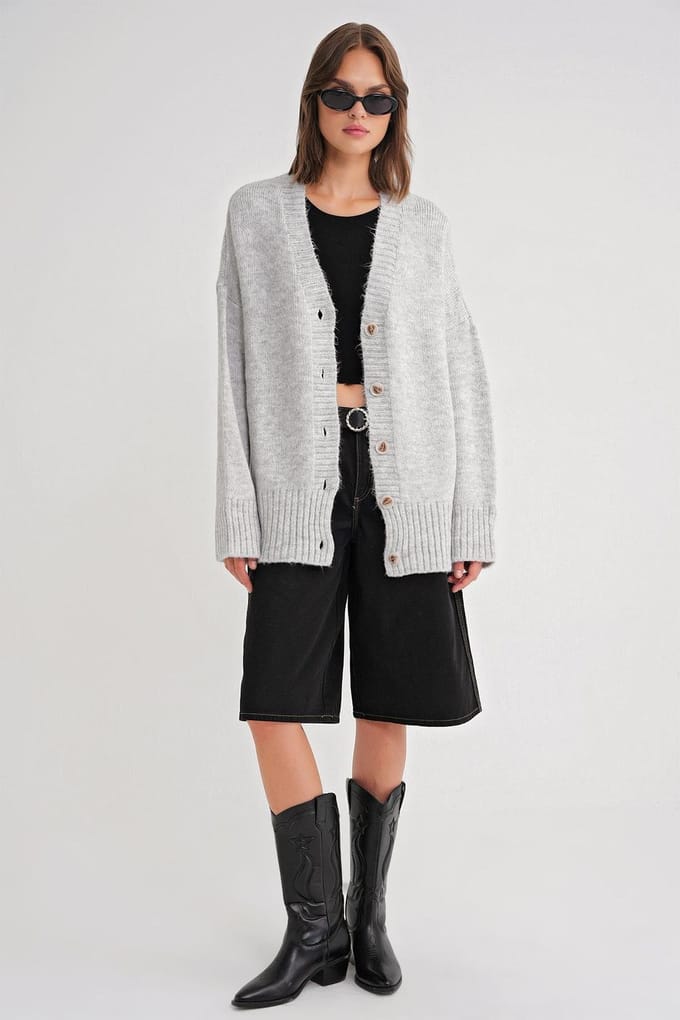 Geknoopte V-hals Ribbels Trui Cardigan