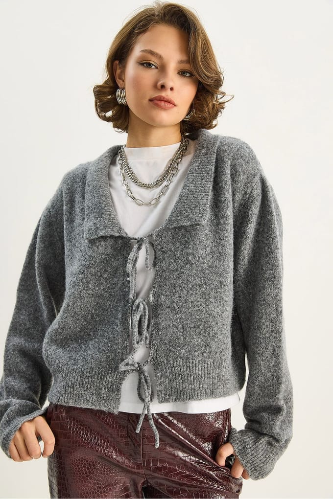Oversized V-hals Riem Sluiting Geribde Cardigan