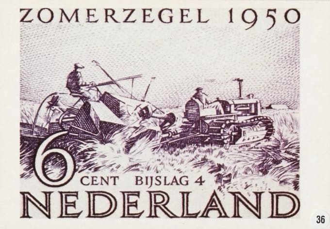 Briefkaart met afbeelding moderne oogstmachine Wieringermeer postzegel