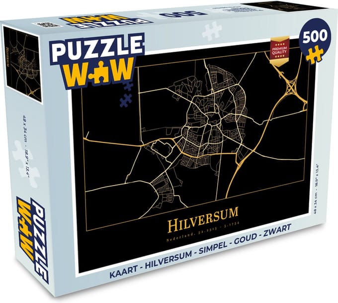 Puzzel Kaart - Hilversum - Simpel - Goud - Zwart - Legpuzzel - Puzzel 500 stukjes