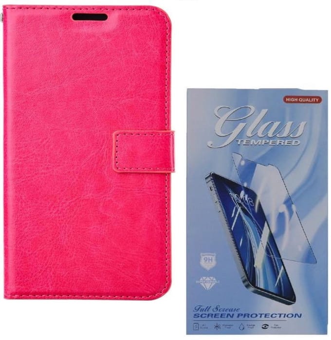 Bookcase Geschikt voor: iPhone 12 Pro - Roze - Portemonnee hoesje + 2X Tempered Glas Screenprotector