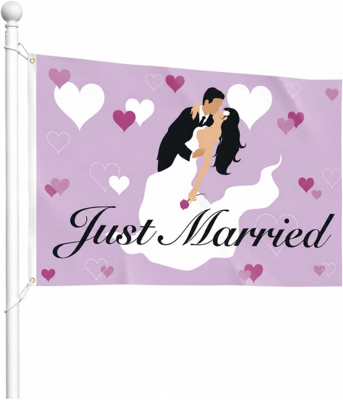 Haza bruiloft gevelvlag - Just Married - paars - 90 x 60 cm - feest vlaggen