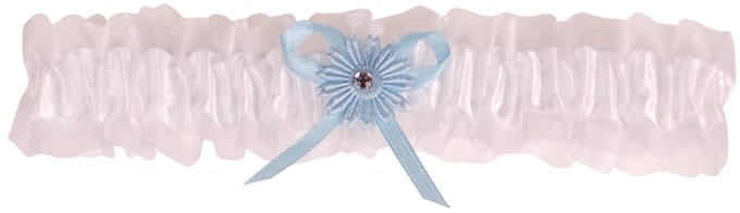 Kousenband wit met blauw bloemetje en strass