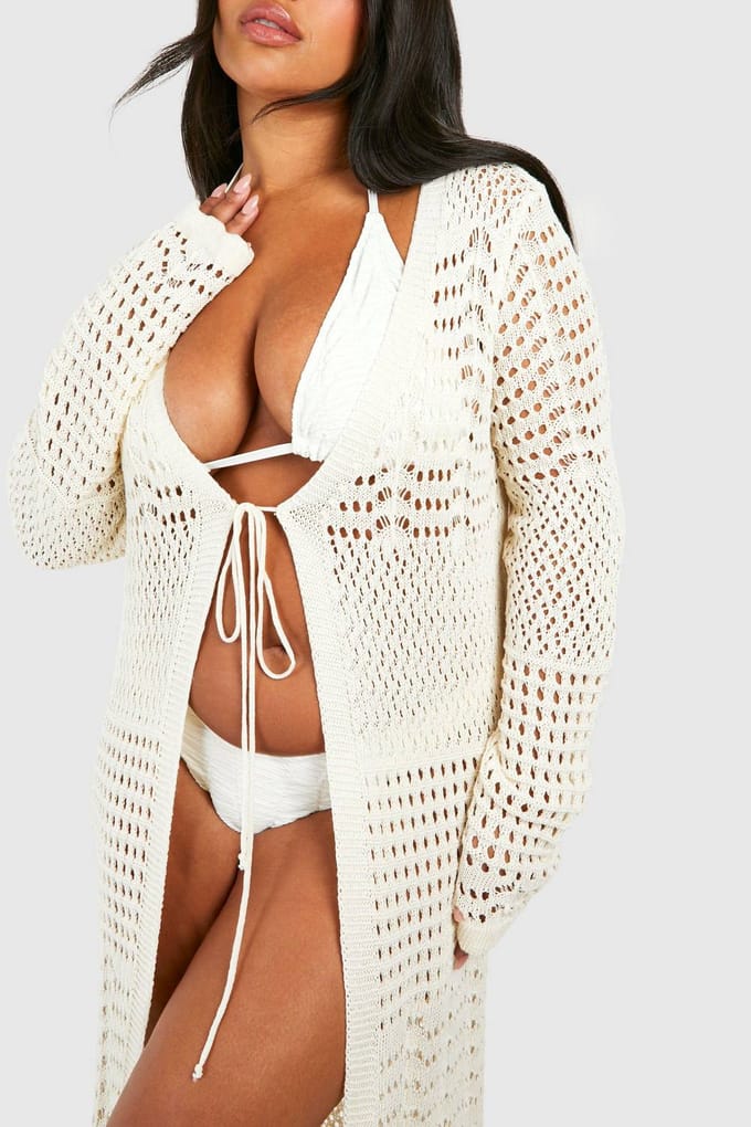 boohoo Dames Plus Gehaakte Strand Kimono | Cream | Maat: 28