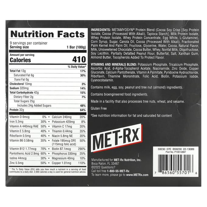 MET-Rx, Big 100, Barres de remplacement de repas, Super Cookie Crunch, 9 barres, 3,52 oz (100g) Chaque