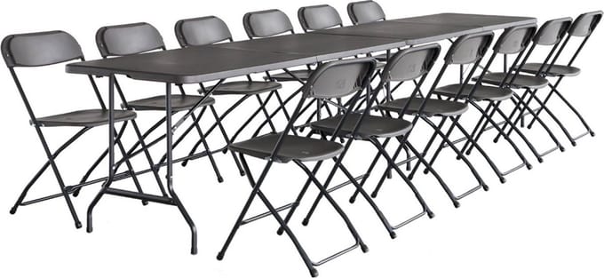 sweeek - Set van 2 opvouwbare plastic receptietafels 180cm + 12 bijzetstoelen, campingtafel