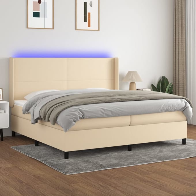 vidaXL - Boxspring - met - matras - en - LED - stof - crèmekleurig - 200x200 - cm