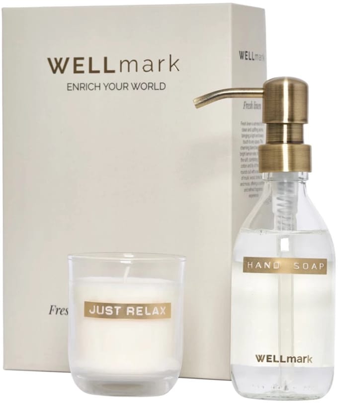 Wellmark giftbox Discover: handzeep 'bring out the bubbles' + kaars helder / brass dark - fresh linen