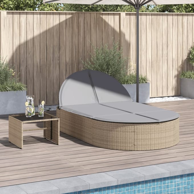 vidaXL - Ligbed - 2-persoons - met - kussens - poly - rattan - beige
