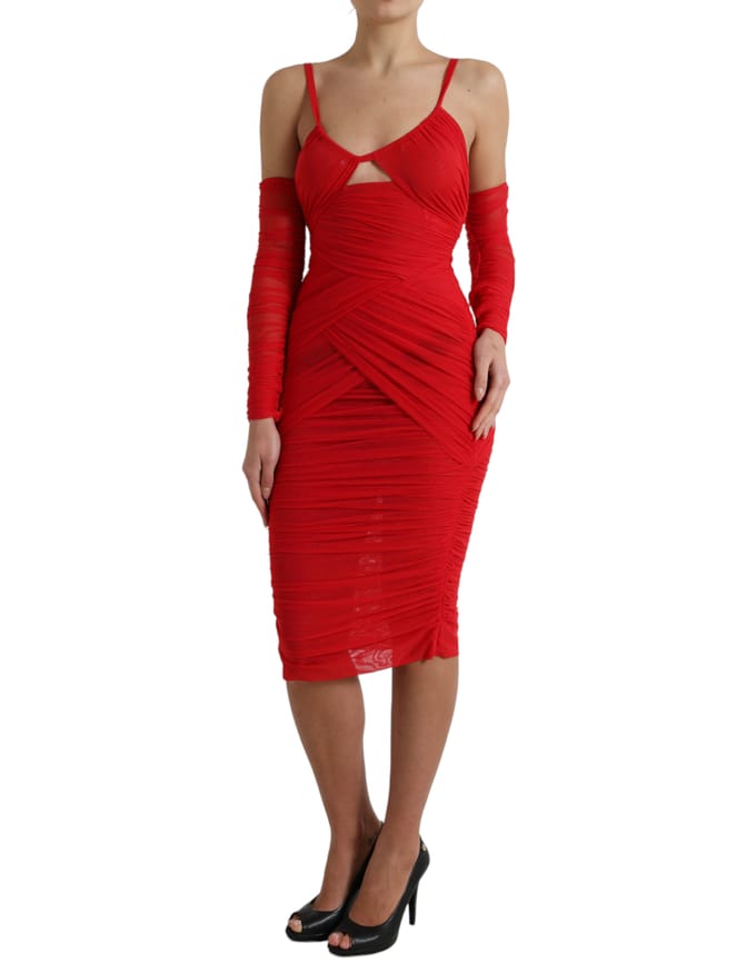 Gerepte Mesh Midi-jurk Rode Lange Mouwen Jurk