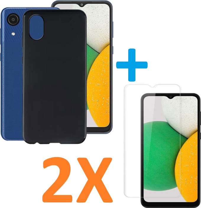 Silicone hoesje zwart met 2 Pack Tempered glas Screen Protector Geschikt voor: Samsung Galaxy A03 Core