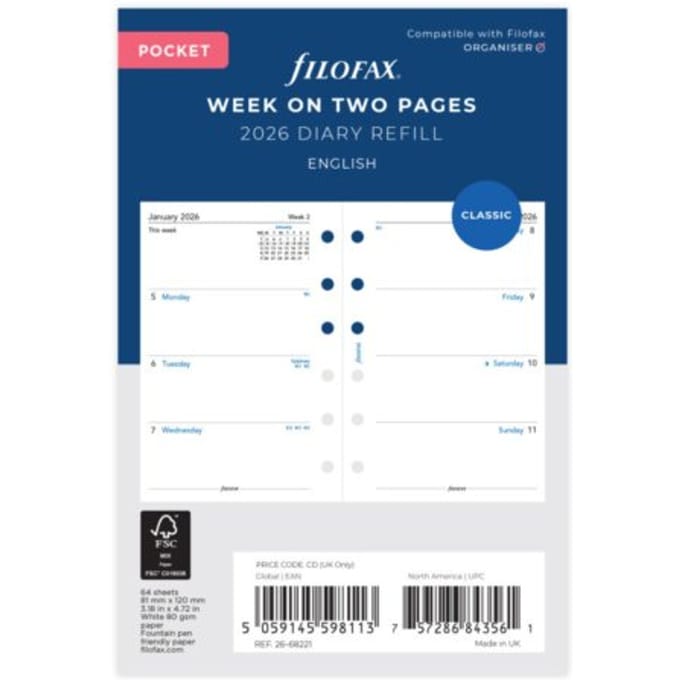 Filofax agendavulling 2026, formaat pocket, 1 week per 2 pagina's, engels