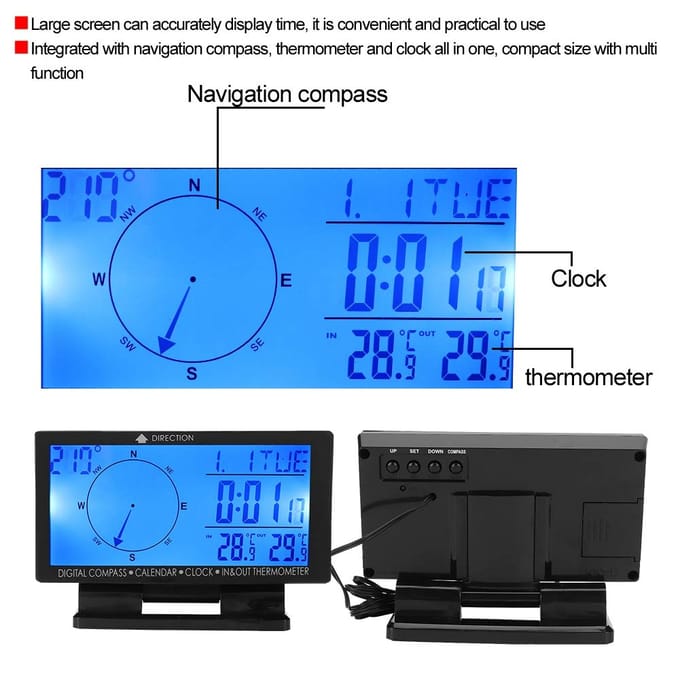 Veelzijdigheid LCD-scherm Auto SUV Dashboard Kompas Thermometer Klokmetermeter black