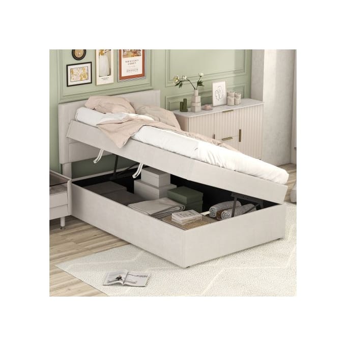 Lit simple - MUVOE - 90 x 200 cm - Beige - Rangement sous le lit - Design minimaliste beige