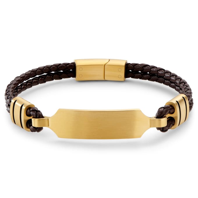 Nomen | Brown Leather and Gold-tone ID Plate Bracelet