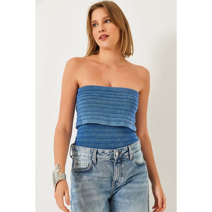 Gestructureerde Strapless Geribbelde Crop Top