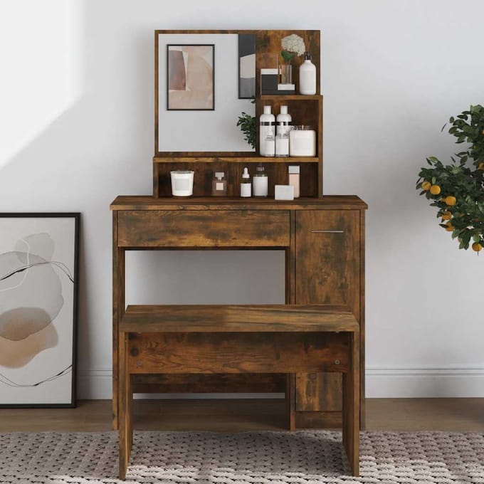 vidaXL - Kaptafel - met - spiegel - 86,5x35x136 - cm - gerookt - eikenkleurig