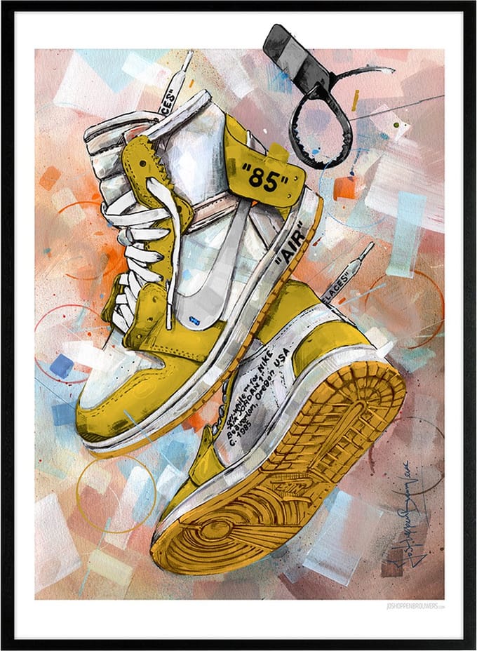Sneaker print Off White yellow 51x71 cm *ingelijst & gesigneerd