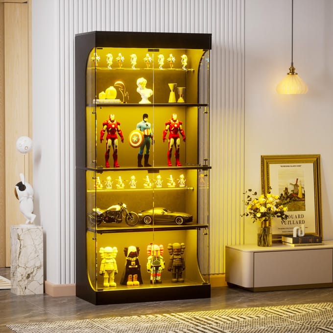 Vierstöckige Glasvitrine - LED Beleuchting & Sensor - 80x35x165 cm - Zwart - Stofdicht & USB
