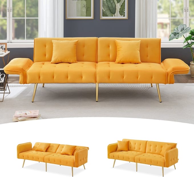 STILVORA Sofa - Multifunctioneel Tweezitsbed - Verstelbare Rugleuning & Armleuningen - Modern Voor Woonkamer - Velours Geel
