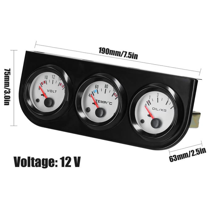 Compteur de voiture multifonctionnel 3 en 1, Kit de jauge automatique, tension de 52mm, température de l'eau, pression d'huile noir
