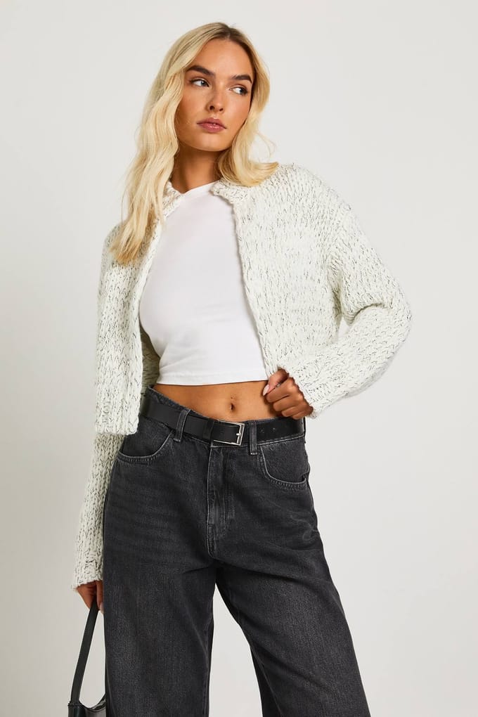 boohoo Dames Chunky Knit Marl Hoge Hals Cardigan | Creme | Maat: Medium
