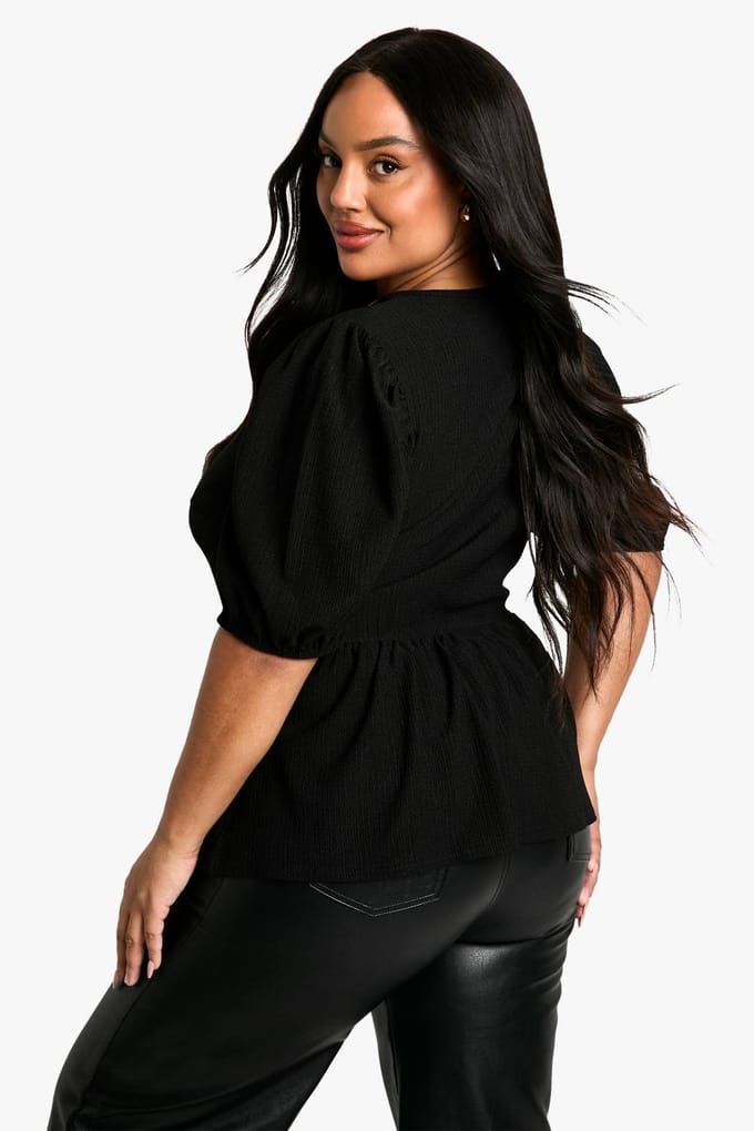 boohoo Dames Plus Crinkle Tie Front Puff Sleeve Smock Top | Zwart | Maat: 52