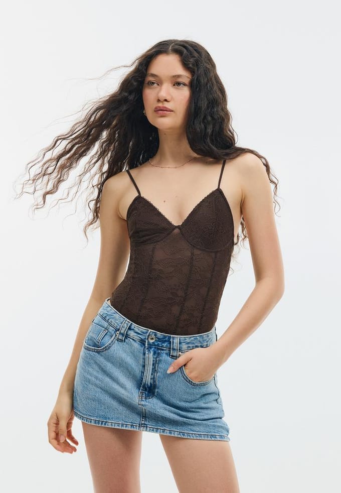 Stradivarius Kanten body met bandjes  Bruin S