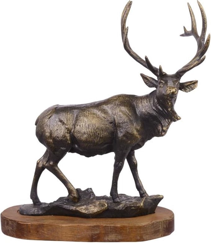 Metalen beeld - hert - op houten sokkel - 47 cm hoog