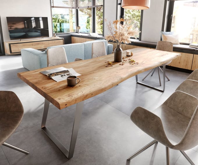 Eetkamertafel Edge acacia natuur 280x100 XL roestvrij staal schuin Live-Edge
