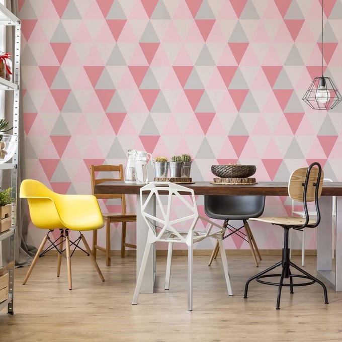Fotobehang - Vlies Behang - Roze Driehoeken - 416 x 290 cm