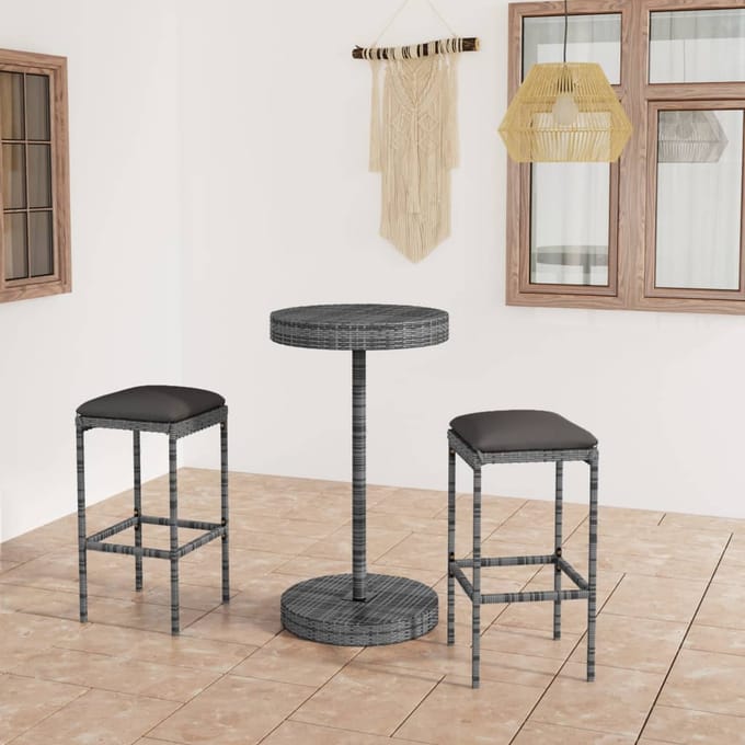 vidaXL - 3-delige - Tuinbarset - met - kussens - poly - rattan - grijs