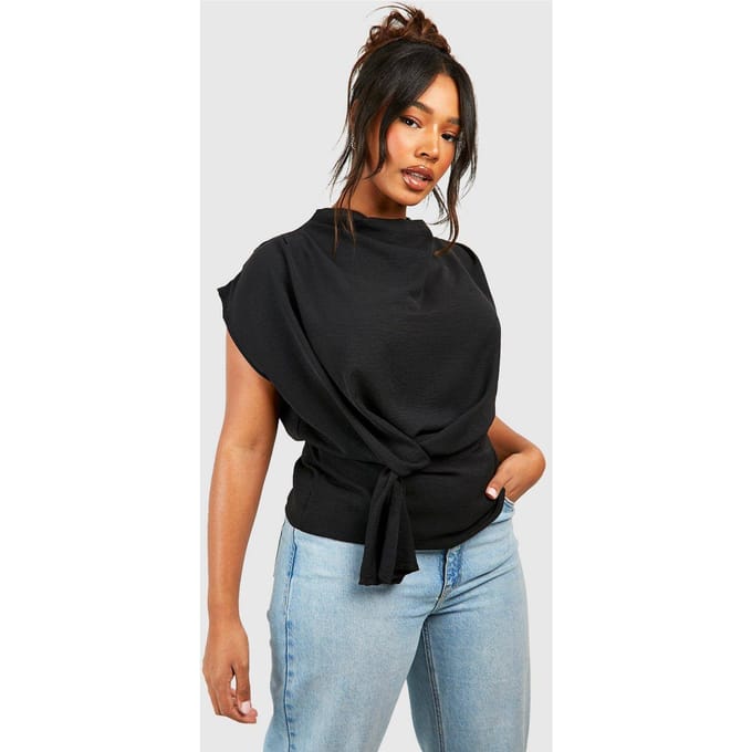 boohoo Dames Plus Knot Cowl Neck Blouse | Black | Maat: 16