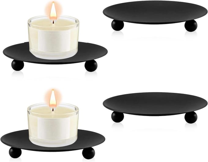 Kaarshouder Set - Decoratieve Plaatjes - Sfeervolle Decoratie - Set van Vier - 16 x 7 x 2 cm - Zwart