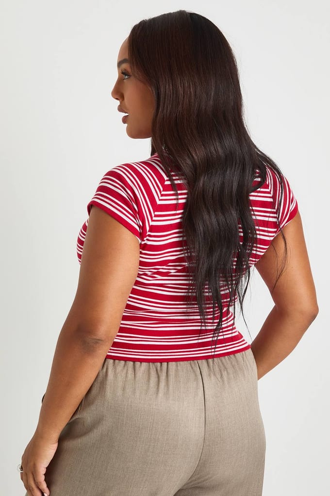 boohoo Dames Plus met knoopsluiting gestreepte top met capmouwen | Rood | Maat: 46