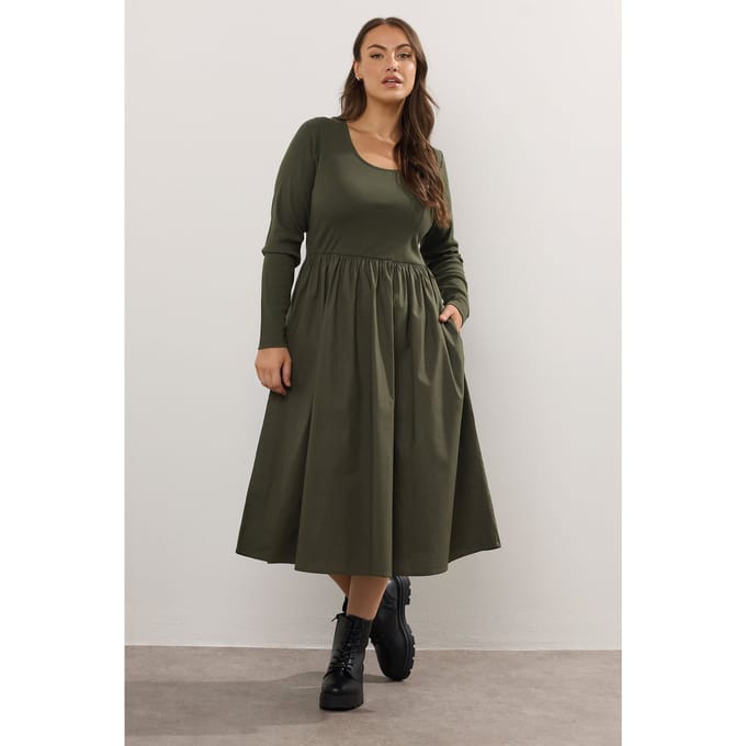 Yours Khaki Groene Gemengde Rib Midaxi Jurk Size 46