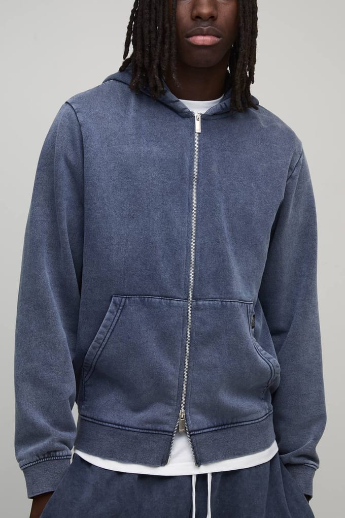 Essential Washed Boxy Zip Through Hoodie | Navy | Size XL