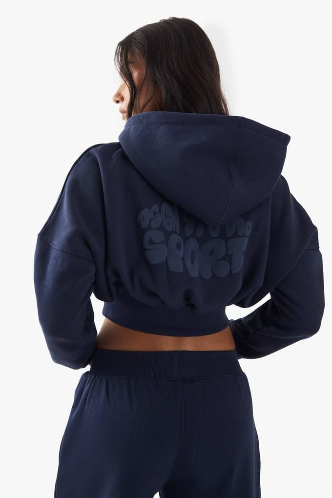 boohoo Dames DSGN Studio Sport Bubble Print Boxy Crop Zip Through Hoodie | Navy | Maat: Large