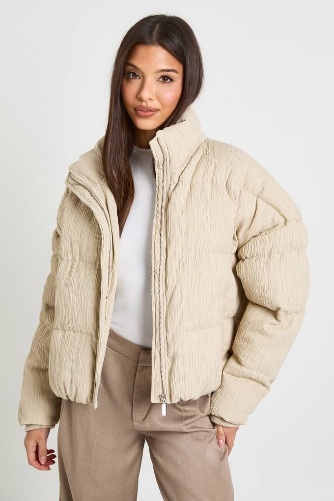 boohoo Dames Getextureerde Puffer Jas | Steen | Maat: 36
