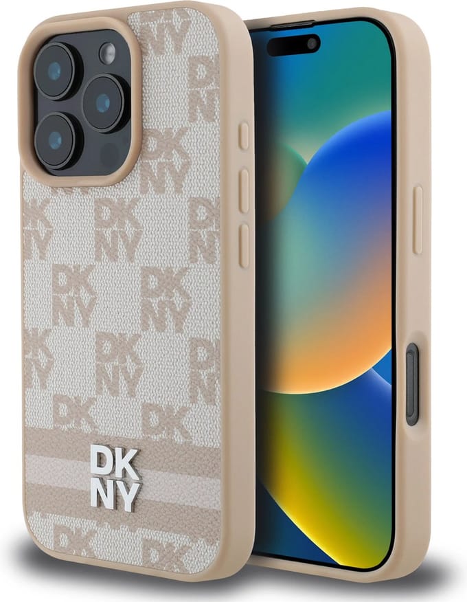 DKNY – iPhone 16 Pro Max – Backcover – PU Leather Checkered Pattern and Stripe – Roze