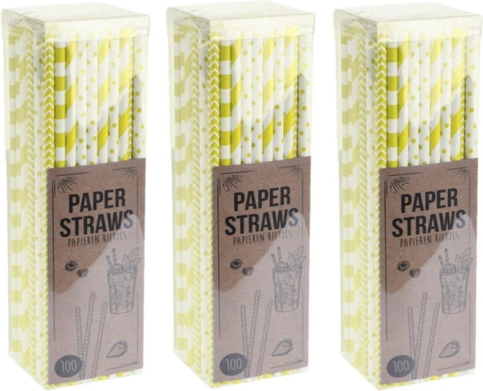 Excellent Houseware Papieren drinkrietjes - 300x - geel - 20 cm