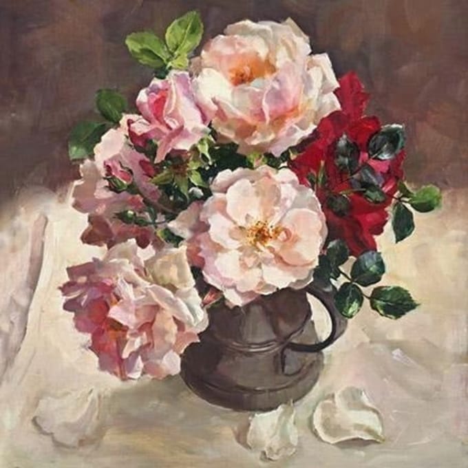 Dubbele kaart met env. Rozen in kan 15x15cm