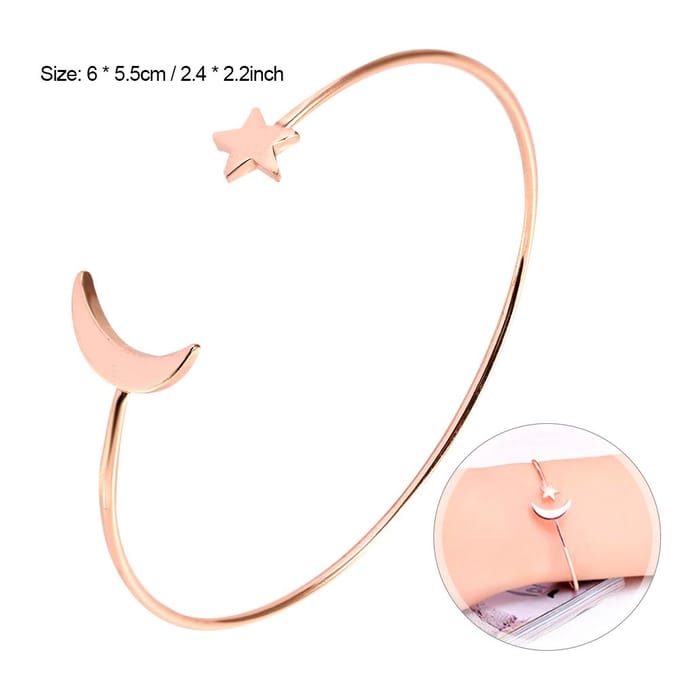 Dames Open Armband Koperplating Armband Bangle met Maan Ster Decoratie (Rosé goud) white