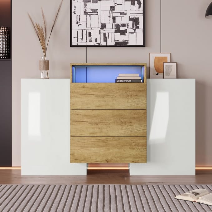 KOMHTOM Dressoir ladekast kast 140cm hoogglans wit en houtkleur meerkleurige LED lichteffecten
