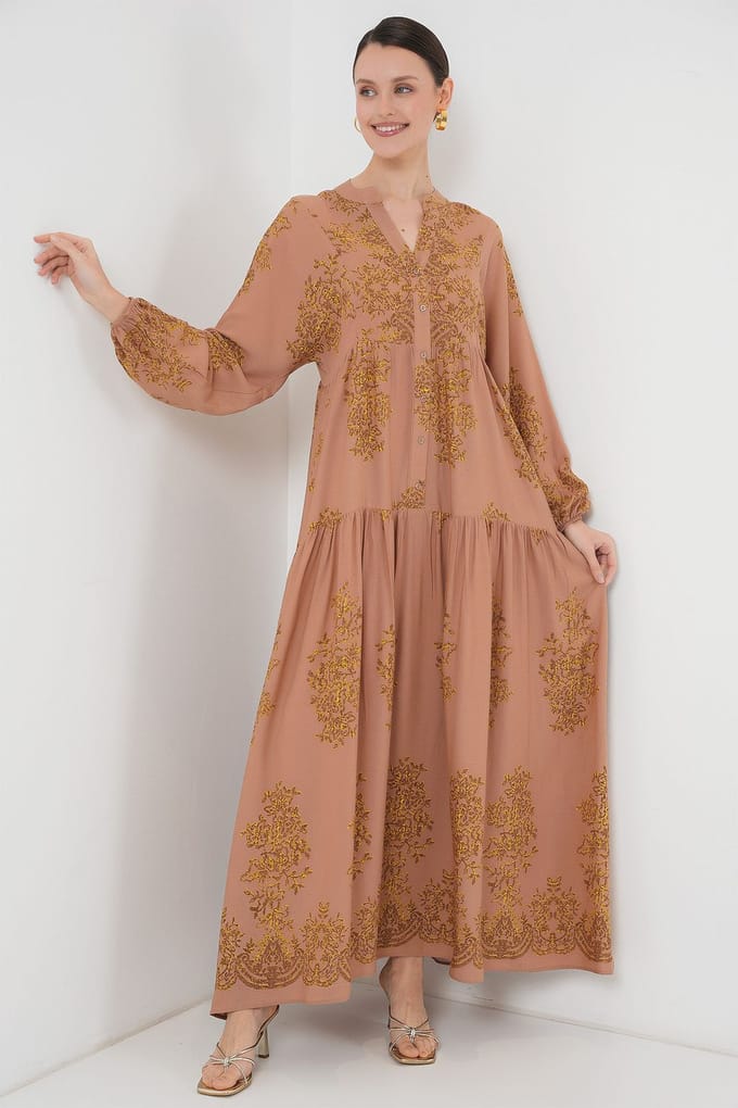 Geprinte V-hals Maxi-jurk met knoopsluiting