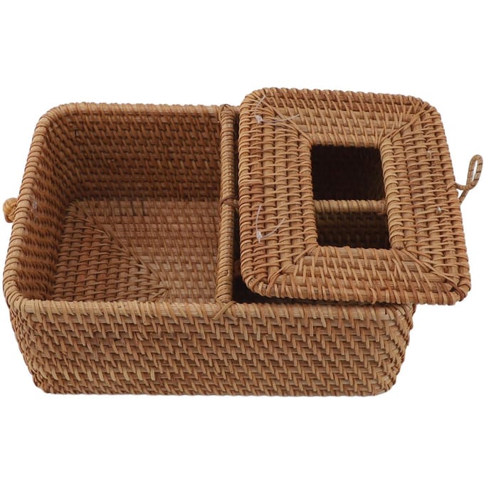 Rieten Tissuebox Vierkant Handgemaakt Decoratieve Servethouder met 2 Vakken Deksel Afstandsbediening brown