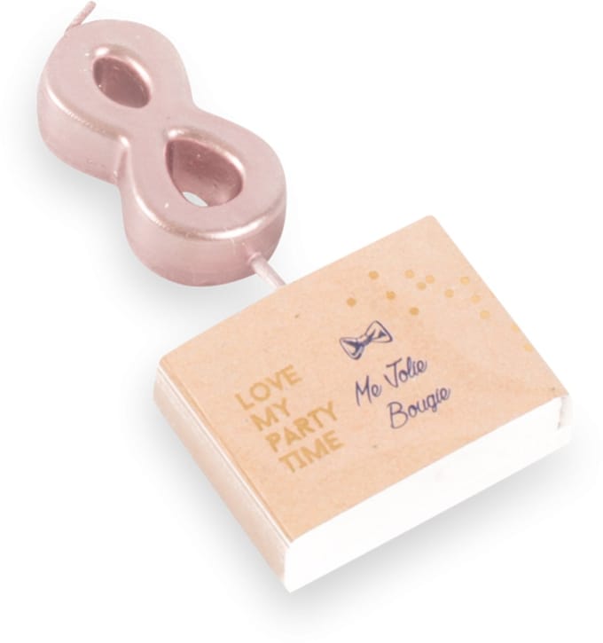 ARTYFETES - Verjaardagskaars cijfer 8 roségoud 4,3 cm metallic met prikker