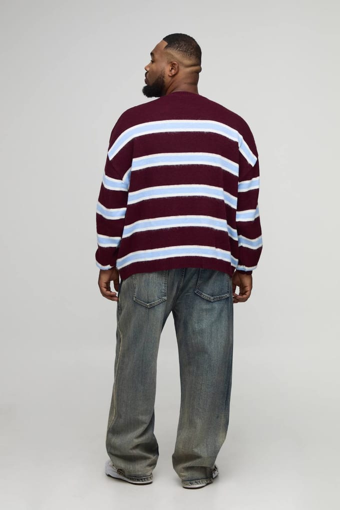 Plus Contrasterende Streep Geborsteld Gebreid Oversized Trui | Burgundy | Size 2XL