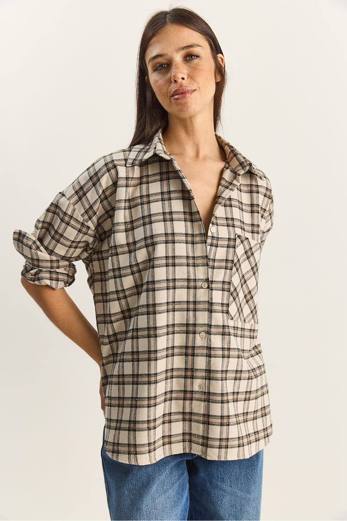 Oversized Lange Mouwen Geruite Shirt met Pocket