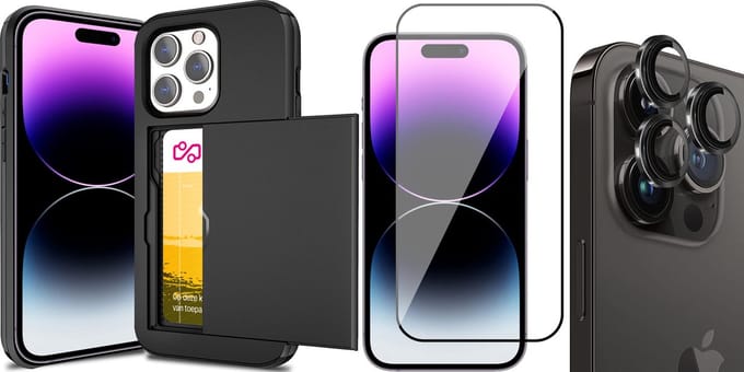 Hoesje met Pasjeshouder geschikt voor iPhone 15 Pro Max - Screenprotector FullGuard & Camera Lens Screen Protector Zwart - Back Cover SlideCase Zwart